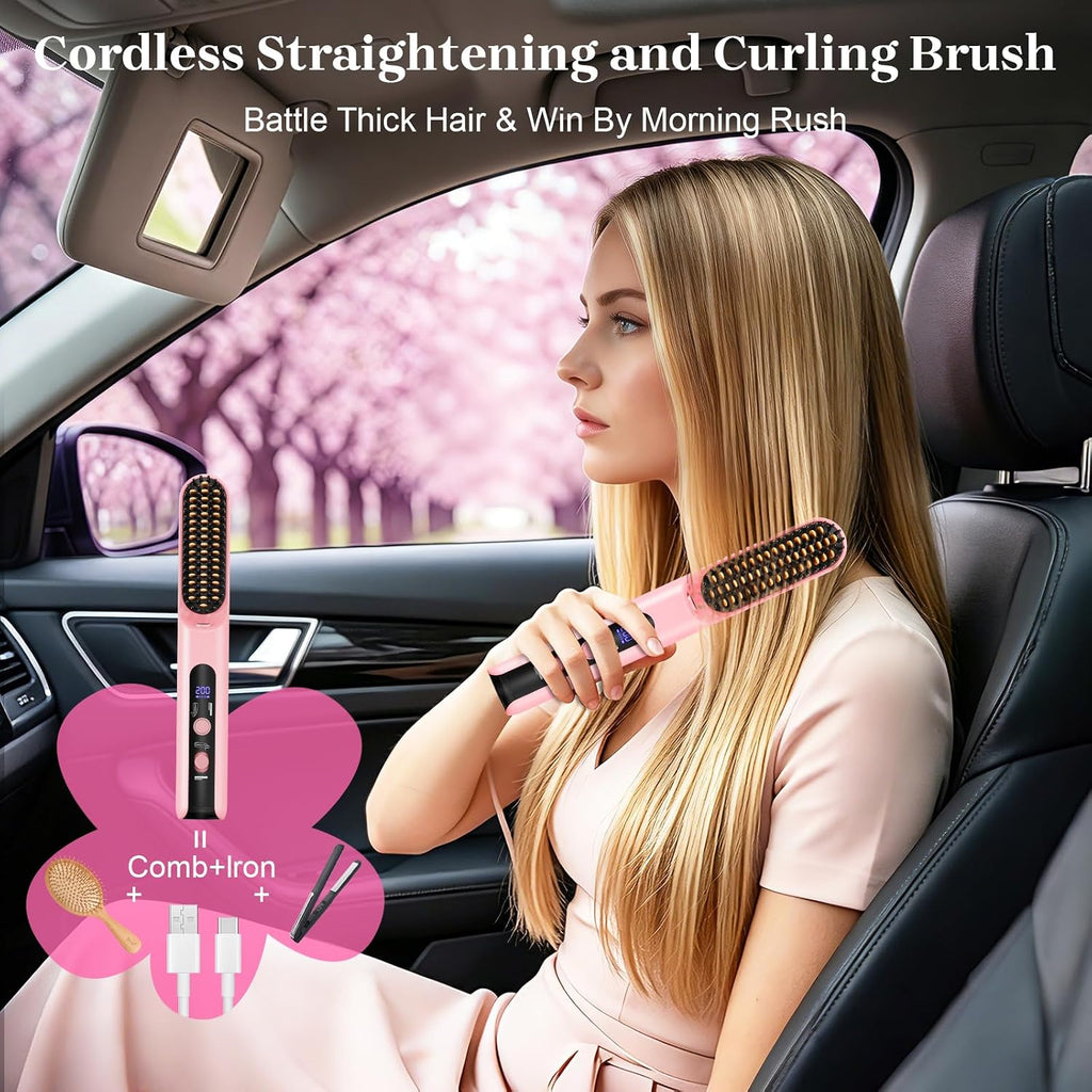 Portable Travel Heated Comb for Women Cordless Hair Straightener Brush, 2-in-1 Straightening & Curling Brush for Short Hair, 4 Temps Fast Heating, Compact Mini Hair Styling Tools for Long Hair
