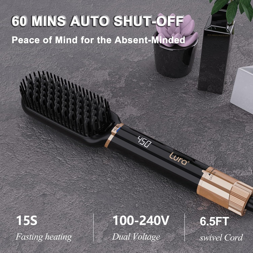 LURA Ionic Hair Straightener Brush,Dual Voltage Hair Straightening Brush for Women,High Heat Flat Iron Brush for Black Women，Ceramic Hair Straightener Comb with 6 Adjust Temperature