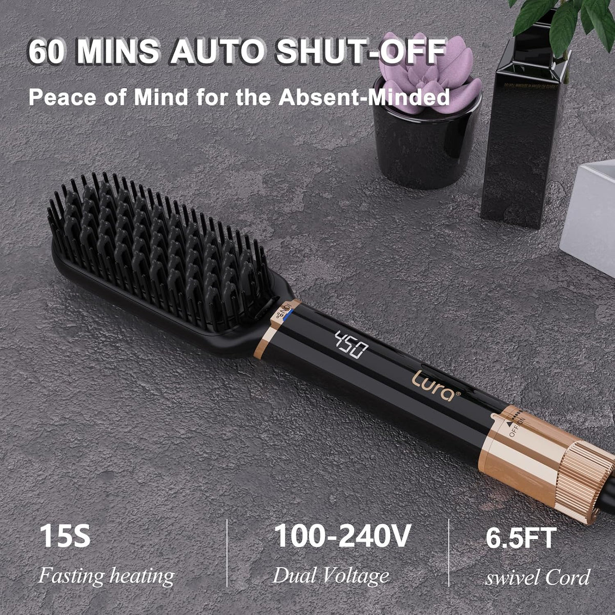 LURA Ionic Hair Straightener Brush,Dual Voltage Hair Straightening Brush for Women,High Heat Flat Iron Brush for Black Women，Ceramic Hair Straightener Comb with 6 Adjust Temperature
