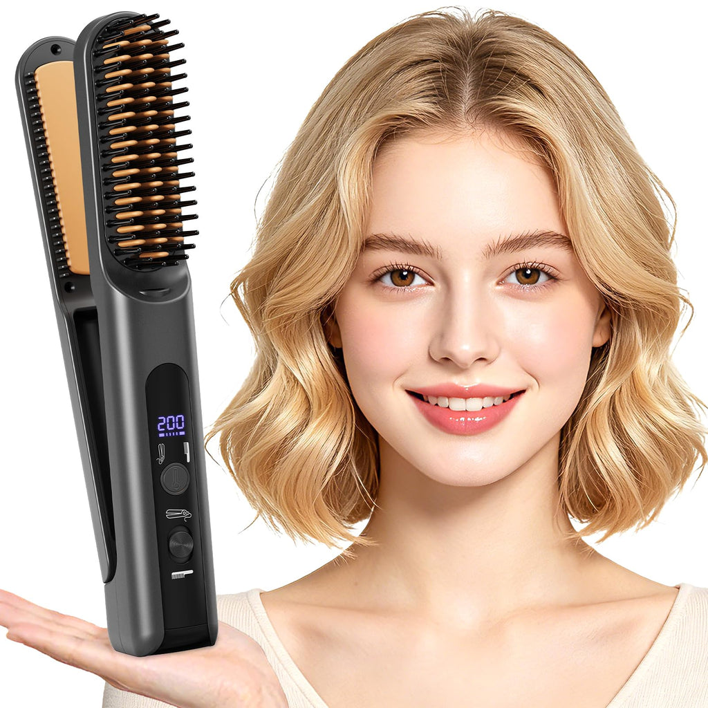 Portable Travel Heated Comb for Women Cordless Hair Straightener Brush, 2-in-1 Straightening & Curling Brush for Short Hair, 4 Temps Fast Heating, Compact Mini Hair Styling Tools for Long Hair
