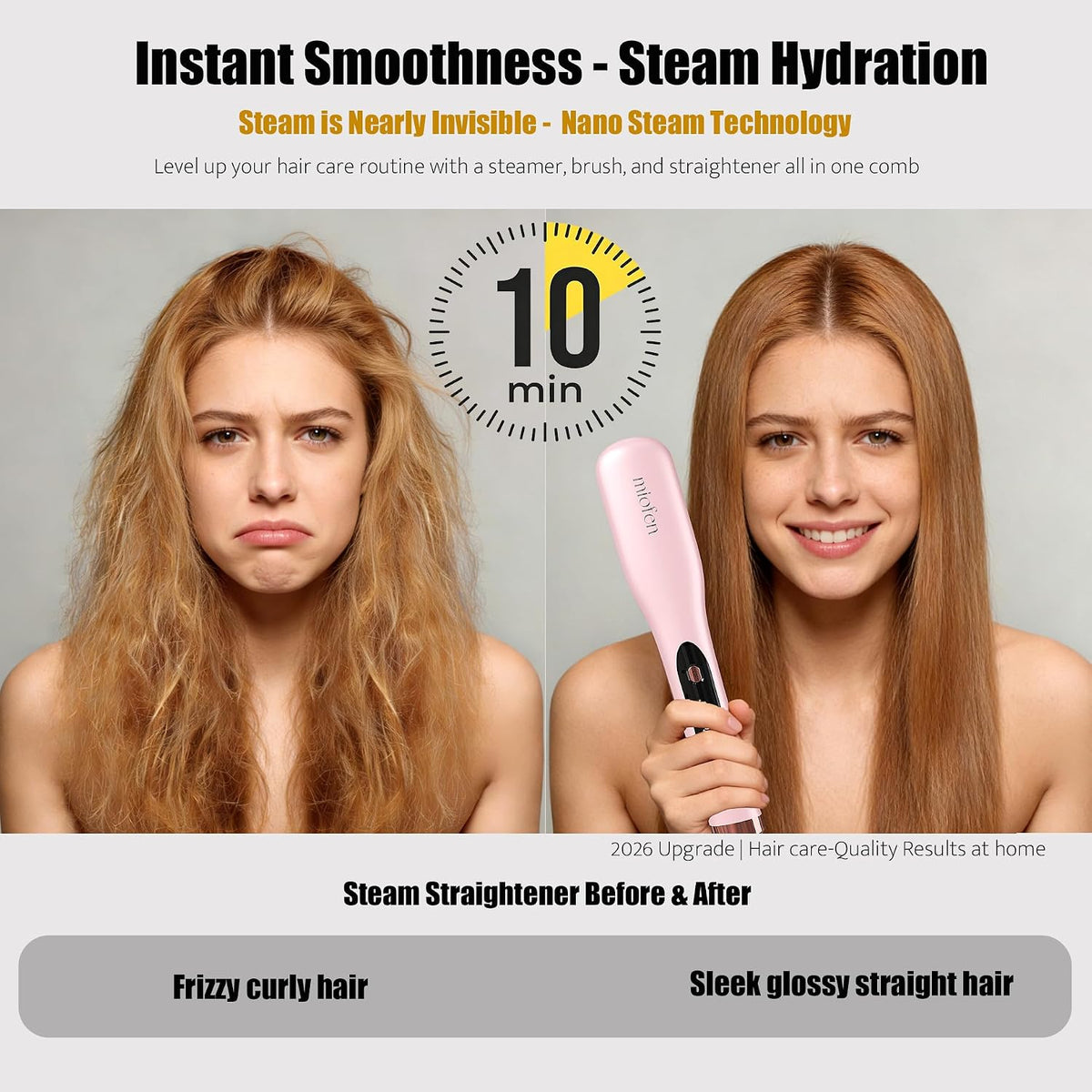 Steam Hair Straightener Brush, 3-in-1 Pro Hair Straightening Brush for Women and Coily Hair, Anti-Frizz and Hair Nourishment with Less Damage, Travel Dual Voltage | Straightener Brush