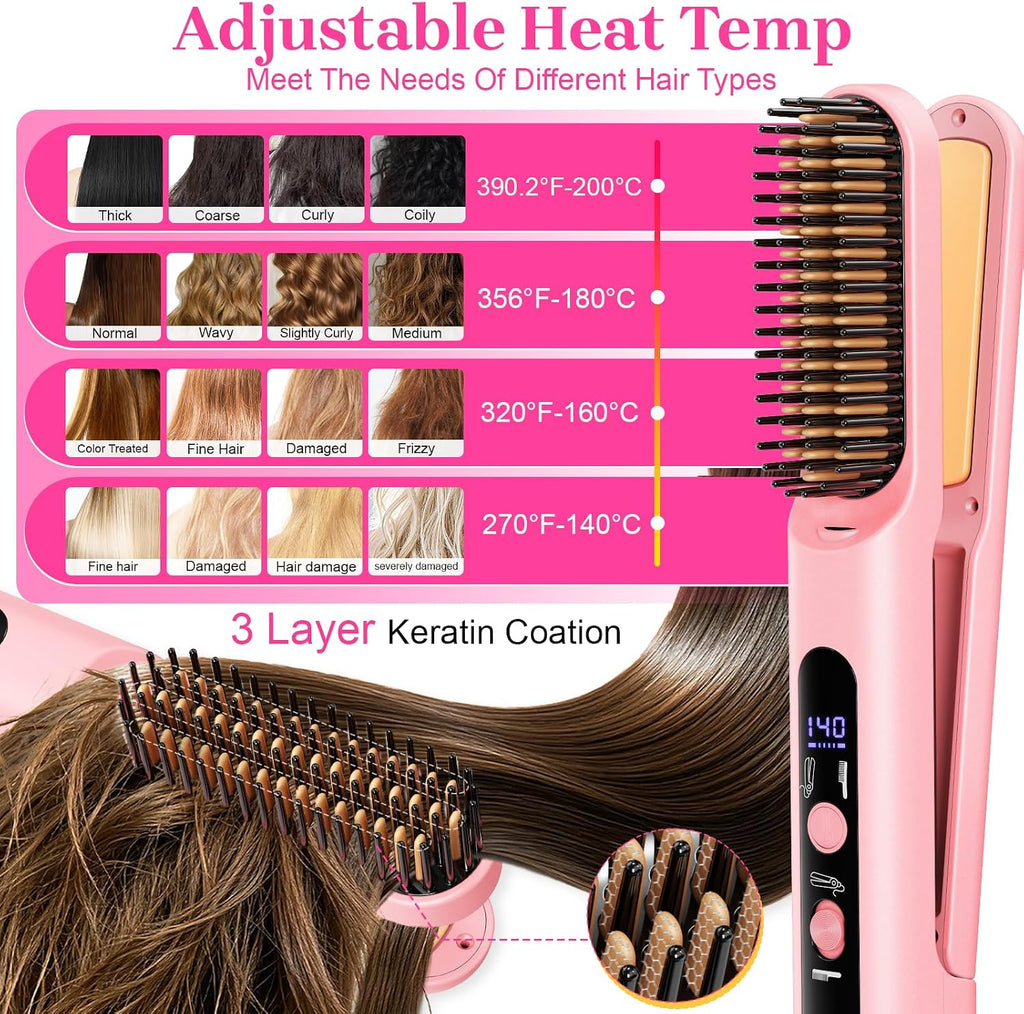 Portable Travel Heated Comb for Women Cordless Hair Straightener Brush, 2-in-1 Straightening & Curling Brush for Short Hair, 4 Temps Fast Heating, Compact Mini Hair Styling Tools for Long Hair