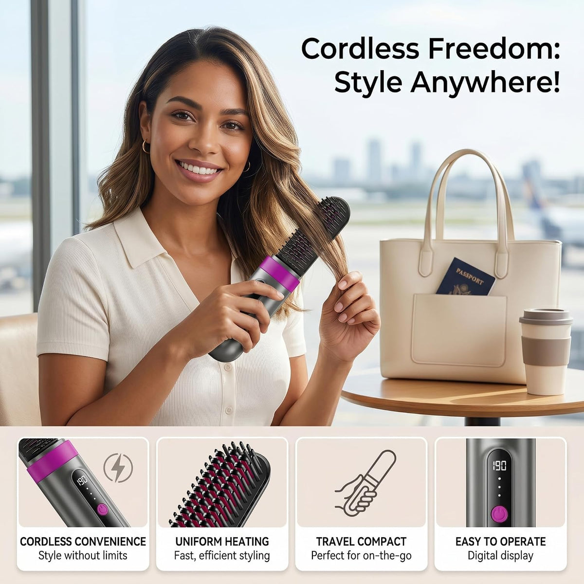 Go Brush Pro 2026 Upgraded Cordless Hair Straightener Brush, Ionic Anti-Frizz, MCH Fast Heating, Anti-Scald, 3 Heat Levels, 4000mAh Type-C Fast Charging, Portable Travel Styling Tool for Women