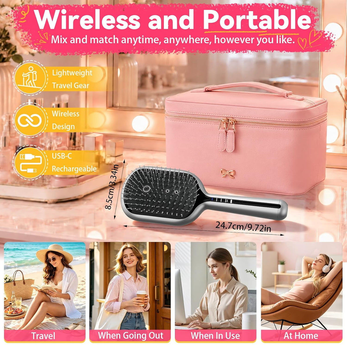 5-in-1 Electric Spray Air Cushion Massage Comb for Women Misting Hair Brush Anti-Tangle Hair Comb for Dry Frizzy Hair, Steam Mist Straightening Comb for Ladies Curly Hair Brush with Water Spray