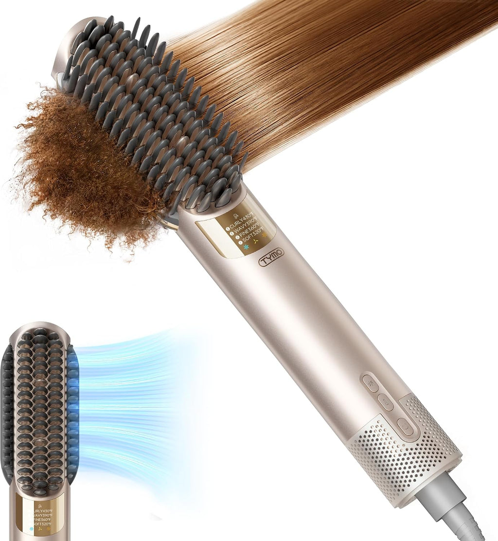 TYMO Hair Straightener Brush Blow Dryer 2-in-1, 2X Faster Wet to Dry Hair Straightener Hot Comb for Smooth Styling, Flowy Ionic Air Straightening Styler for Women, Add Shine & Less Heat Damage, Gold
