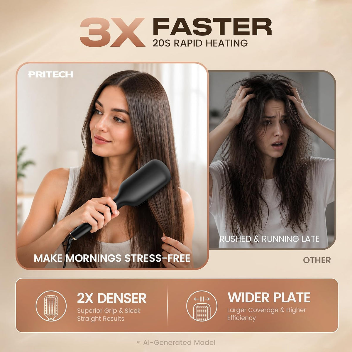 PRITECH Ionic Hair Straightener Brush, 20s Fast Heating 5 Temps Hot Comb