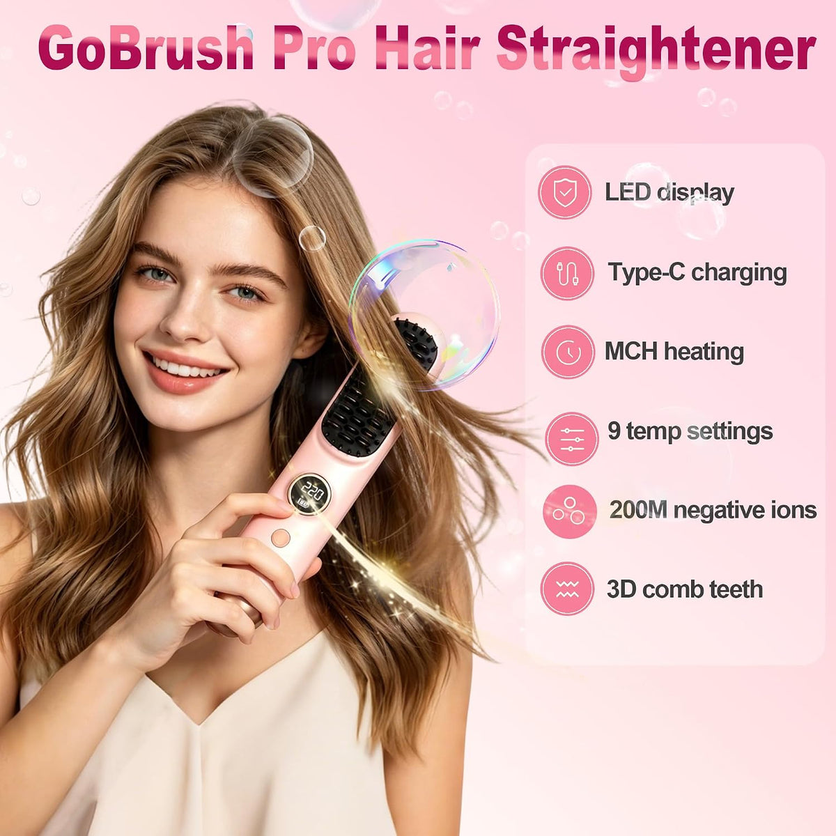 4-in1 Go Brush Pro,Portable Cordless Straightener Brush,9 Heat Settings