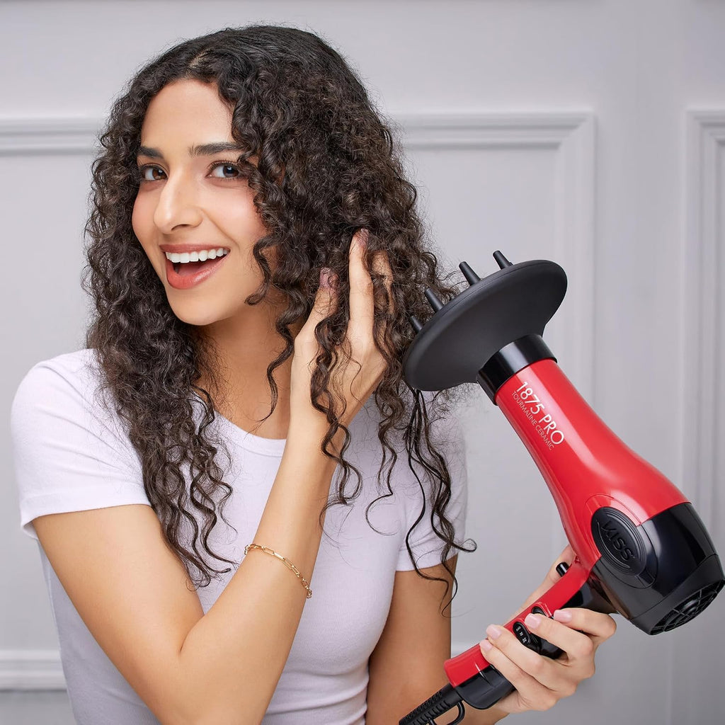 Kiss 1875 Watt Pro Tourmaline Ceramic Hair Dryer, Styling Edition, 3 Heat Settings, 2 Speed Settings, Cool Shot Button, 7 Blow Dryer Accessories Included, 2-Year Warranty - Red