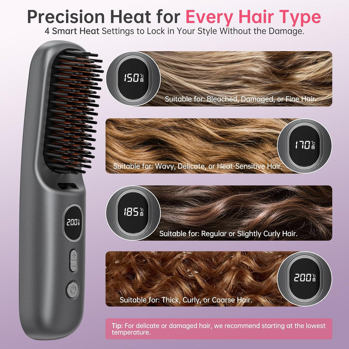 Hair Straightener Brush, Cordless Portable Straightening Brush with MCH Ceramic Heating, Ionic & Far Infrared Rechargeable Heated Comb, Travel Hair Straightener, Quick Styling for Smooth & Shiny Hair