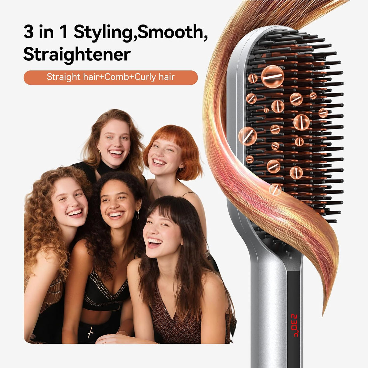 Plasma Straightening Comb, Heated Electric Hair Brush, Orange