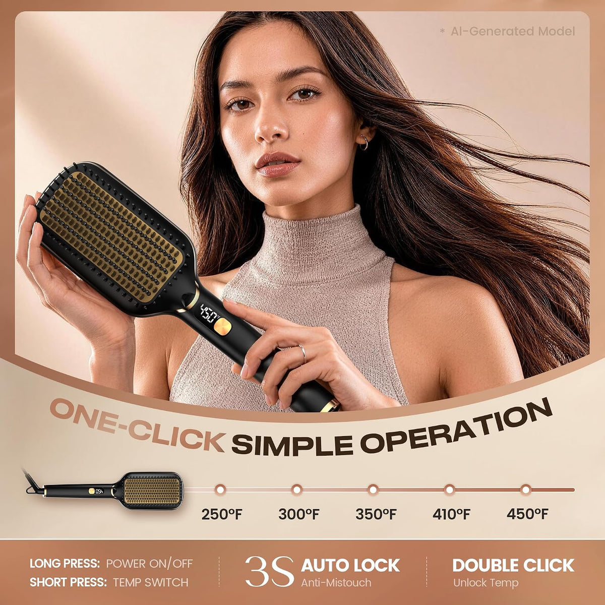 PRITECH Ionic Hair Straightener Brush, 20s Fast Heating 5 Temps Hot Comb