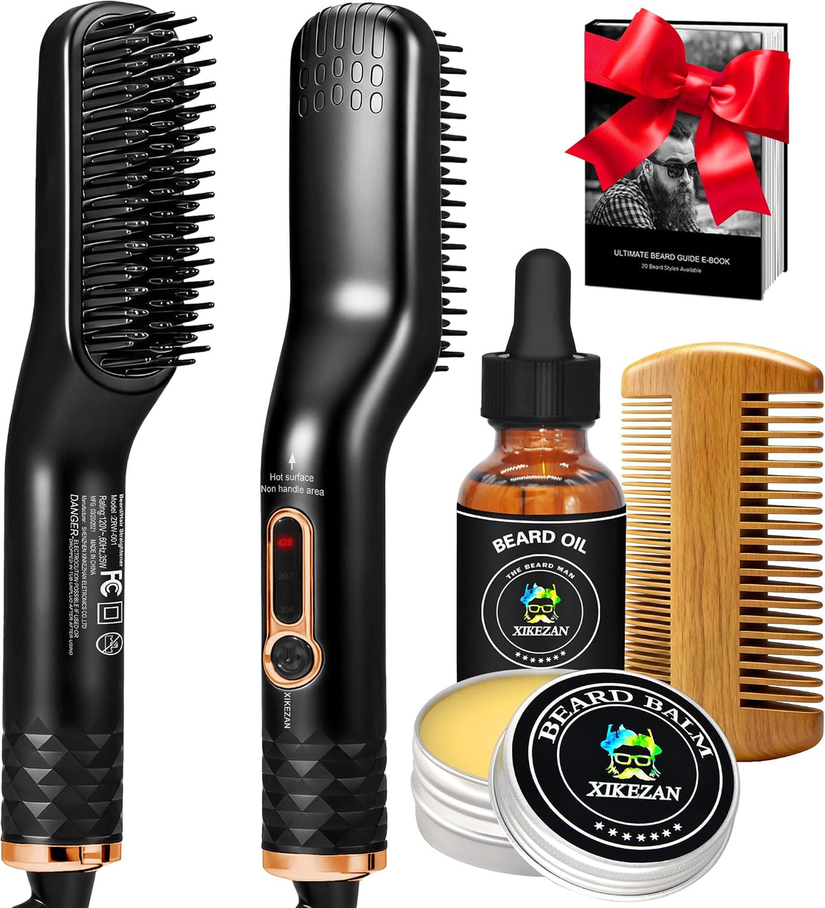 Beard Straightener for Men w/Beard Oil,Balm,Comb,E-Book for All Beard Type