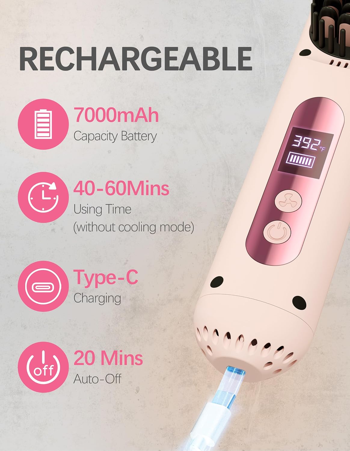 Cordless Hair Straightener Brush,Portable Hair Straightener,Pink