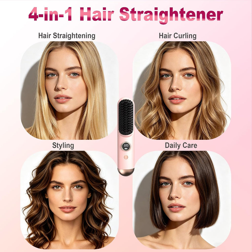 4-in1 Go Brush Pro,Portable Cordless Straightener Brush,9 Heat Settings