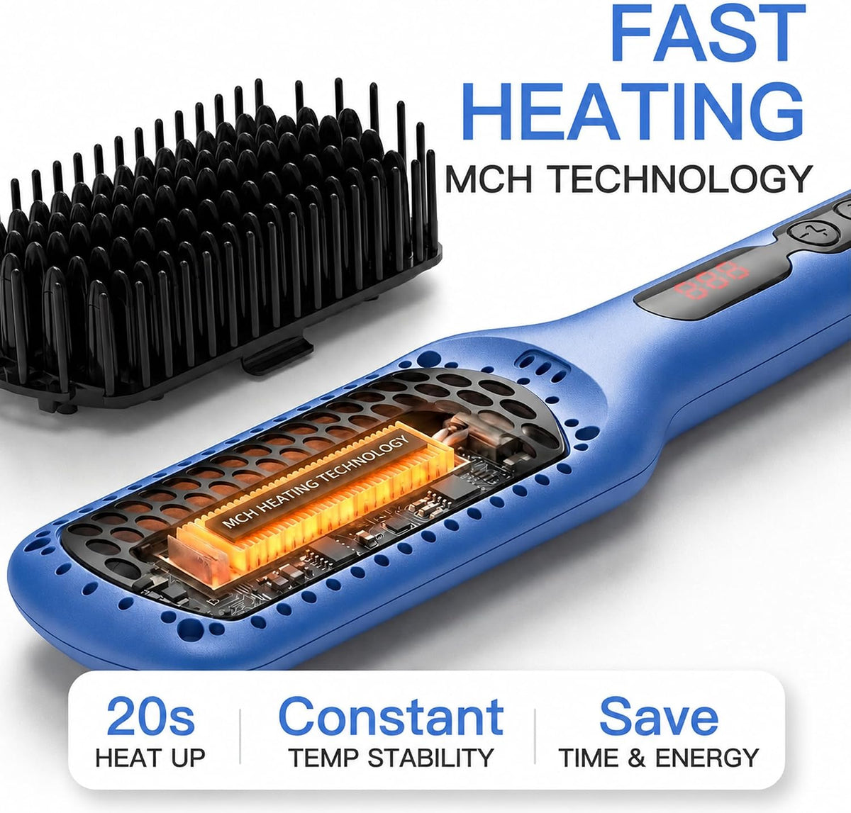 MEGAWISE Ceramic Ionic Hair Straightener Brush, 20s Heat, Dual Voltage
