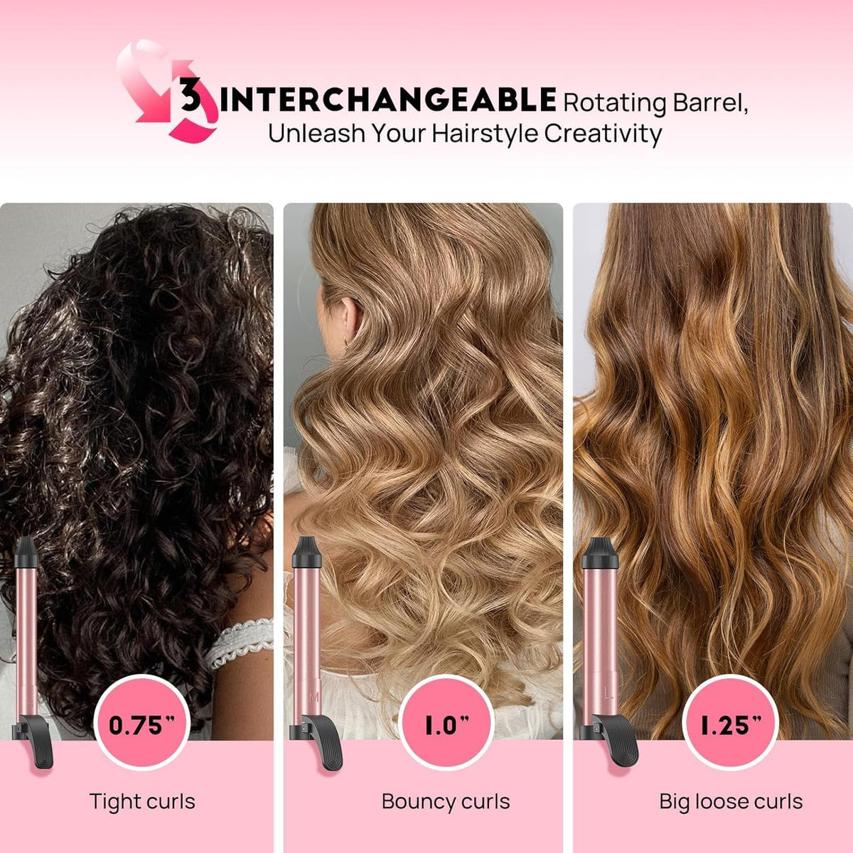 Automatic Curling Iron 1 Inch with 3-in-1 Interchangeable Barrels, Anti-Tangle Beach Waves Hair Curler Pro