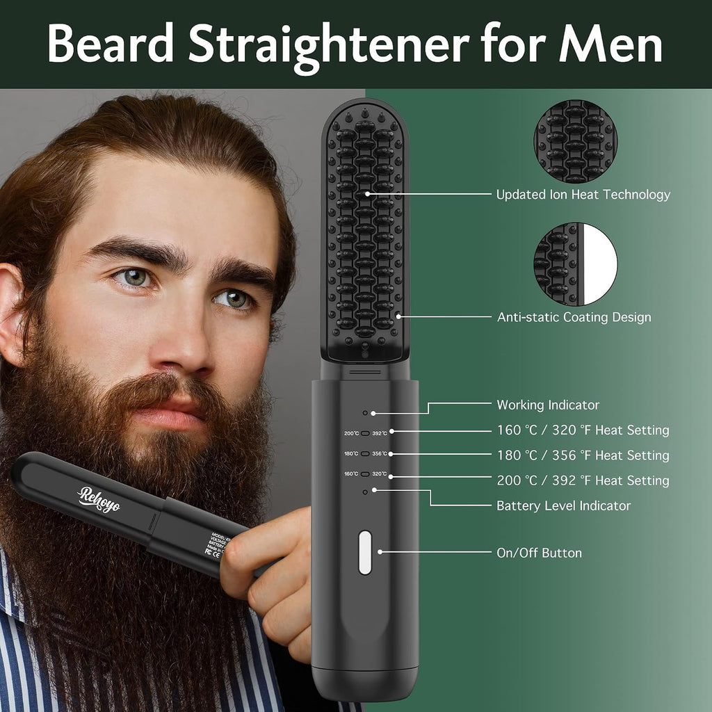 Cordless Beard Straightener for Men, Heated Beard Brush For Travel & Home
