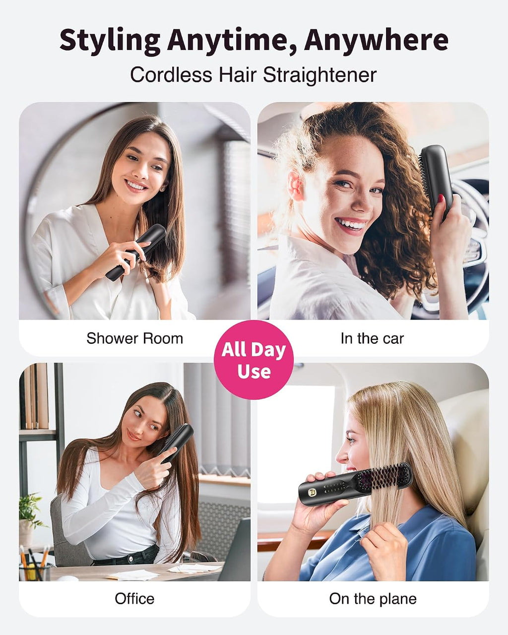 Bopcal Cordless Hair Straightener Brush for Travel, Upgraded Mini Portable Hair Straightening Brush for Women & Men, 300M Anti-Frizz Negative lons Straightening Comb, lonic Care & Fast Heating