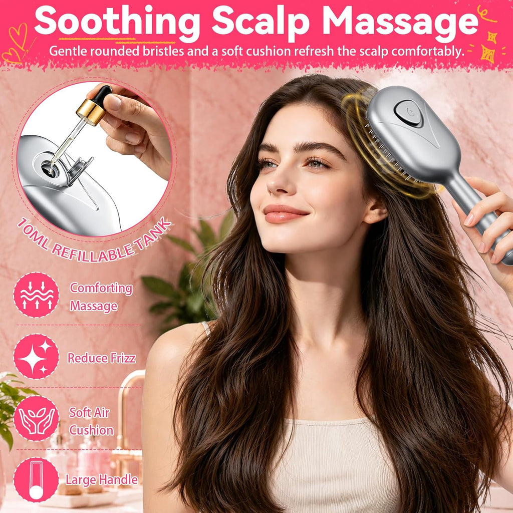 5-in-1 Electric Spray Air Cushion Massage Comb for Women Misting Hair Brush Anti-Tangle Hair Comb for Dry Frizzy Hair, Steam Mist Straightening Comb for Ladies Curly Hair Brush with Water Spray