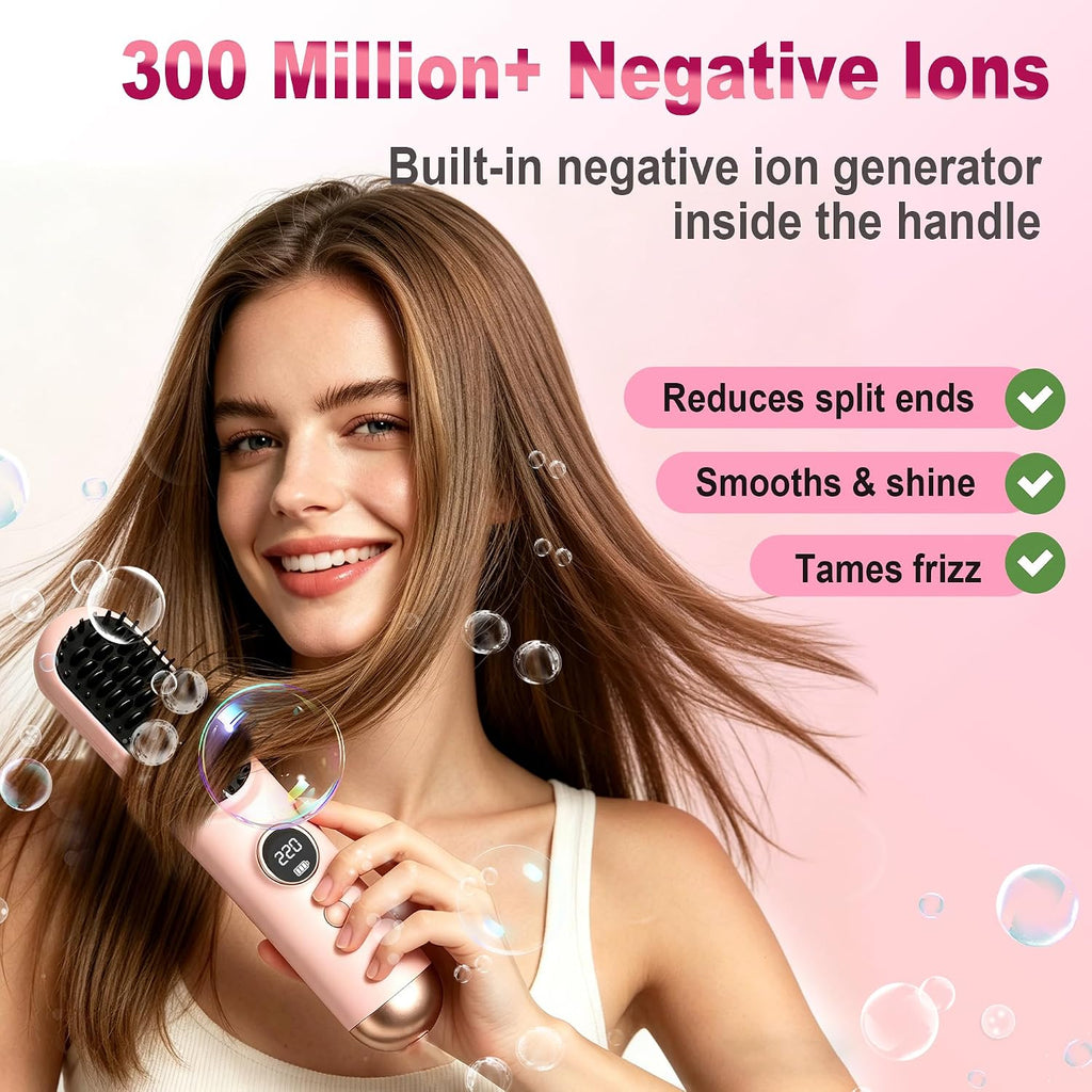 4-in1 Go Brush Pro,Portable Cordless Straightener Brush,9 Heat Settings