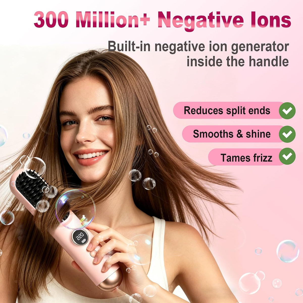 4-in1 Go Brush Pro,Portable Cordless Straightener Brush,9 Heat Settings