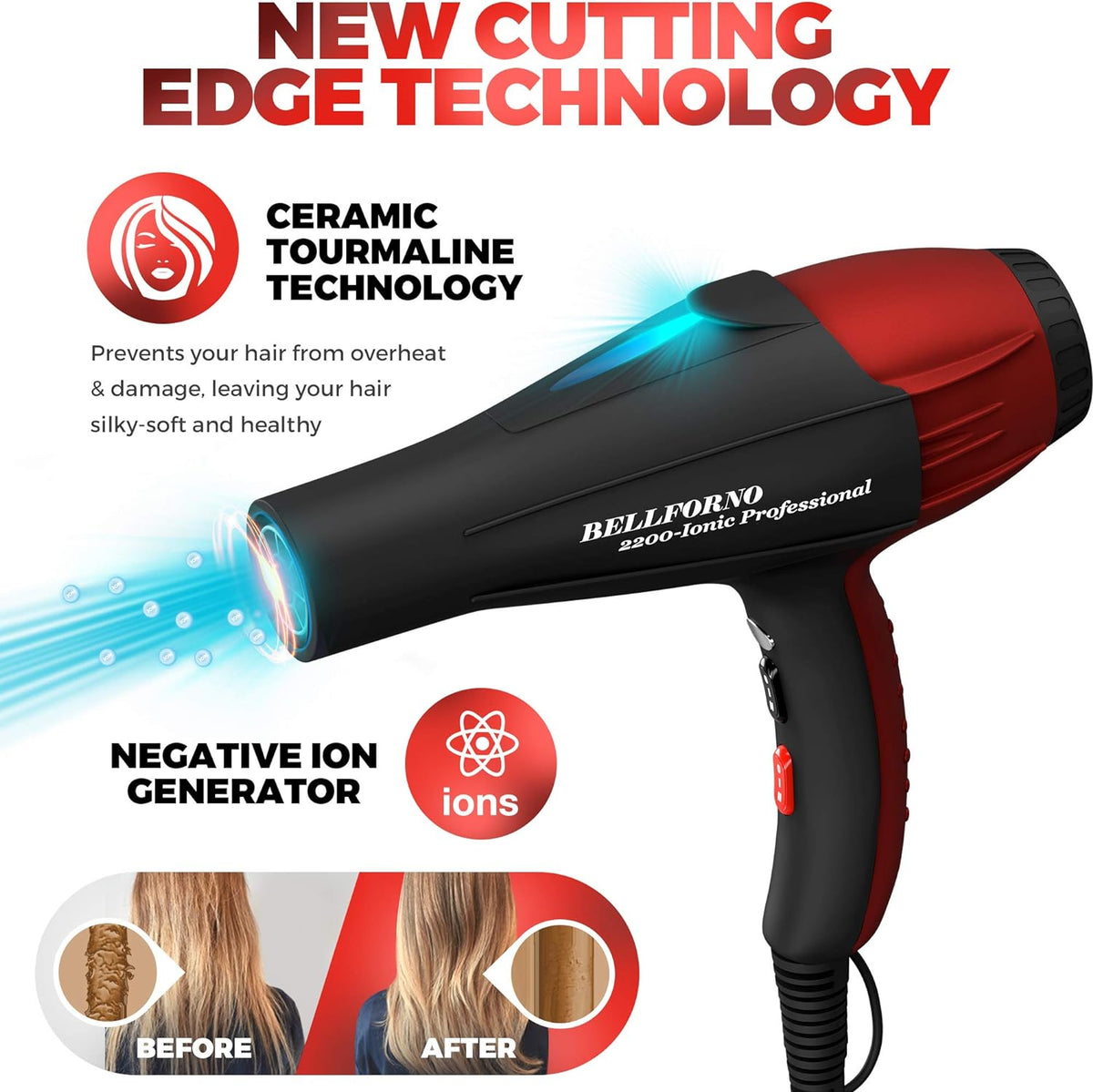 Professional Ionic Salon Hair Dryer, 2200 Watt Powerful AC Motor Ceramic Tourmaline Ion Blow Dryer, Quiet Hair Dryers with Diffuser & 2 Concentrator Nozzle Attachments Black/Red