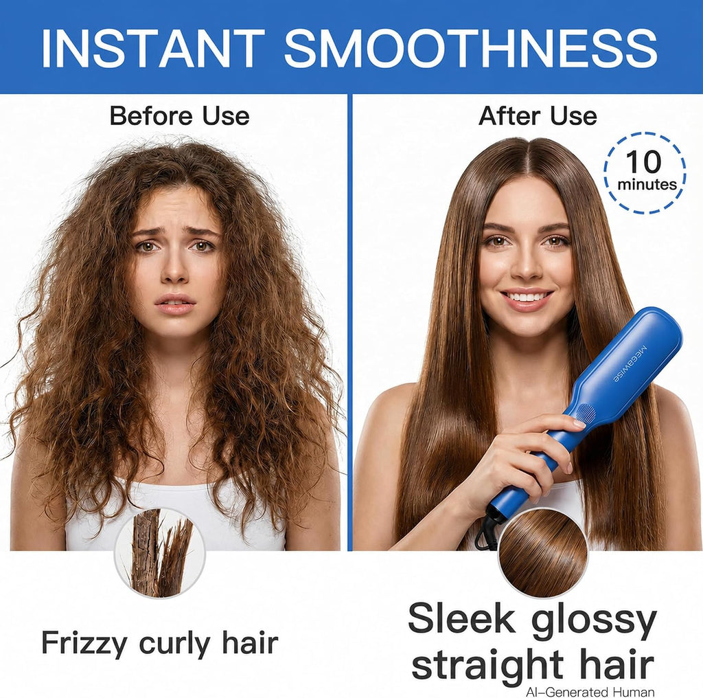 MEGAWISE Ceramic Ionic Hair Straightener Brush, 20s Heat, Dual Voltage