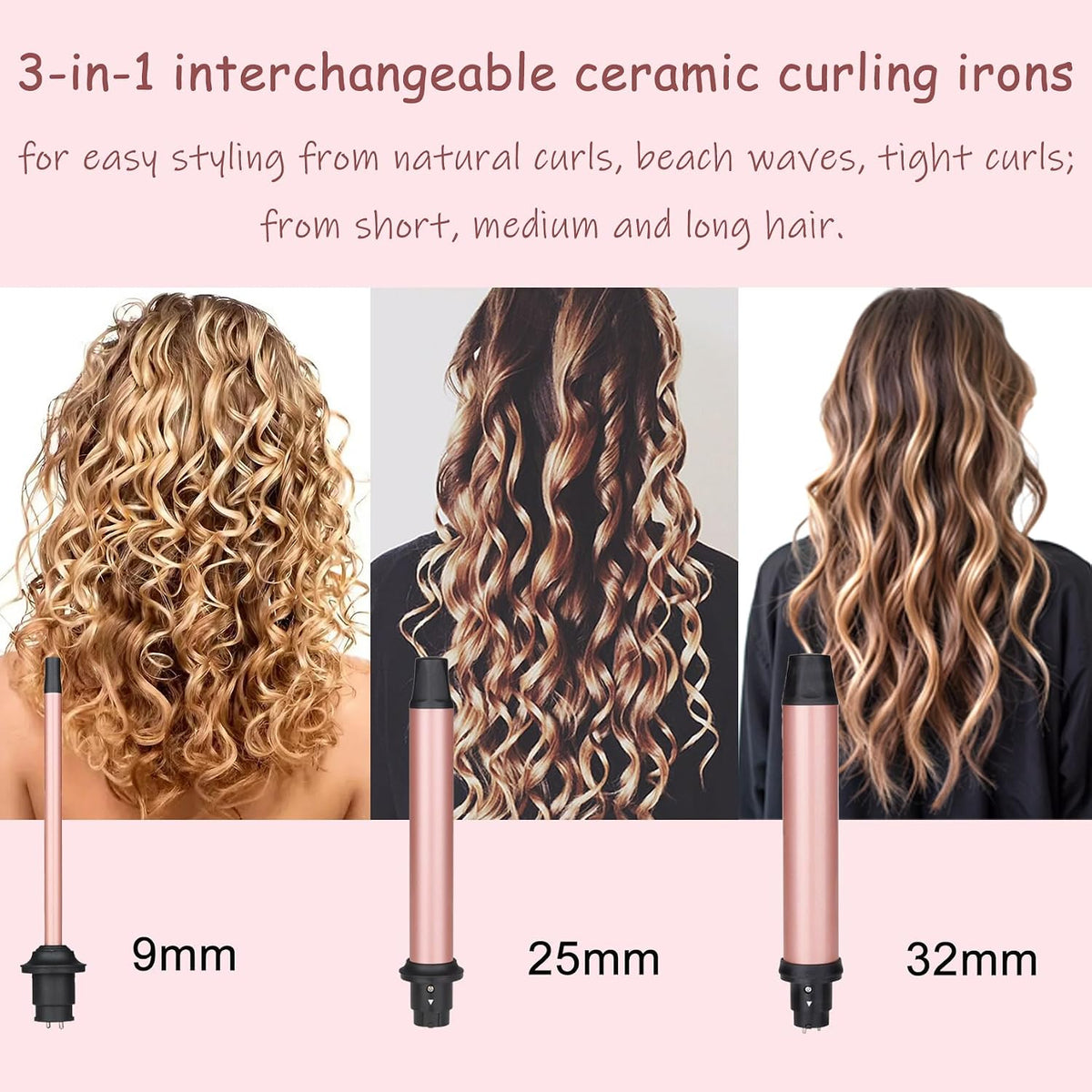 UNOBEY 3 in 1 Curling Iron Set, Hair Curling Wand Set with Ceramic