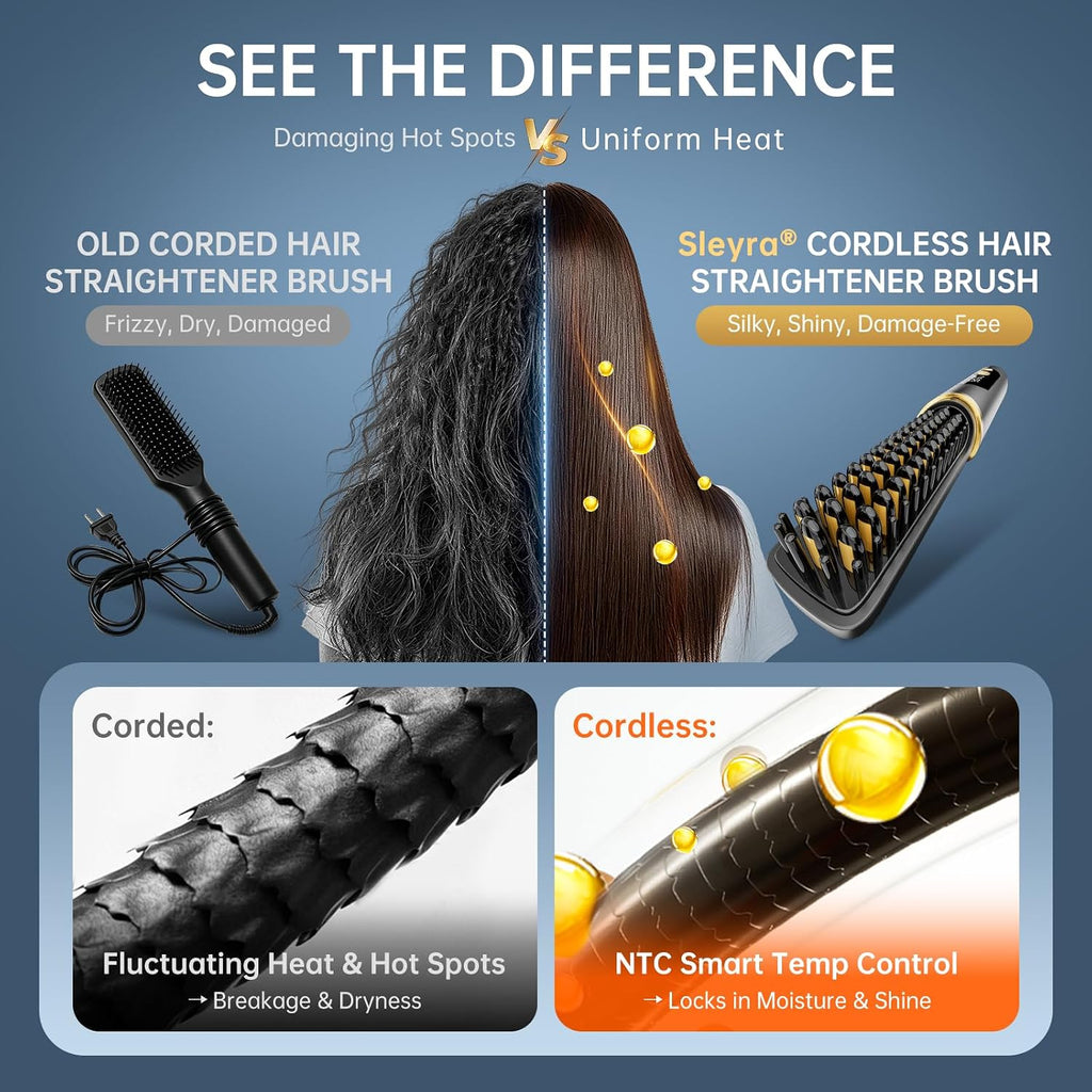 Cordless Hair Straightener Brush, Negative Ionic Hot Comb for Women Travel