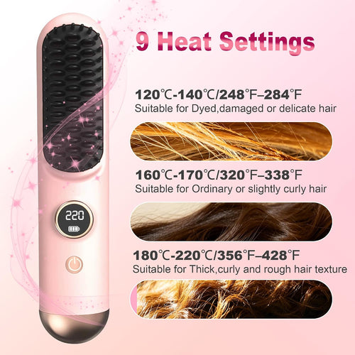 4-in1 Go Brush Pro,Portable Cordless Straightener Brush,9 Heat Settings