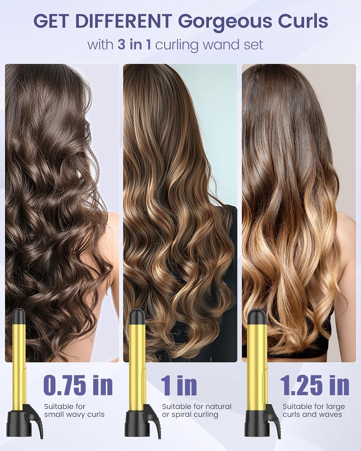 Rotating Automatic Curling Iron Set 3 Ceramic Barrels for Long Hair Waves
