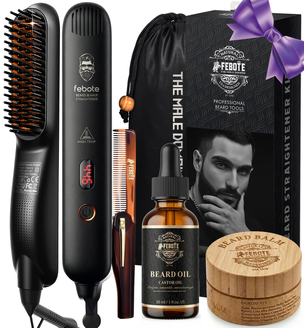 Heated Ionic Hair Straightening Brush for Men - 5 Temperature Settings, Anti-Scald, Beard Shaper & Travel Bag