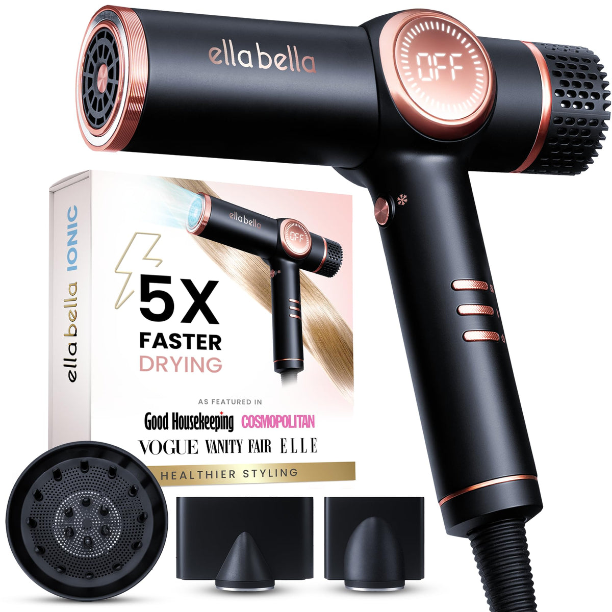 ELLA BELLA® Ionic Hair Dryer with Diffuser - Negative Ion Blow Dryer, Quiet