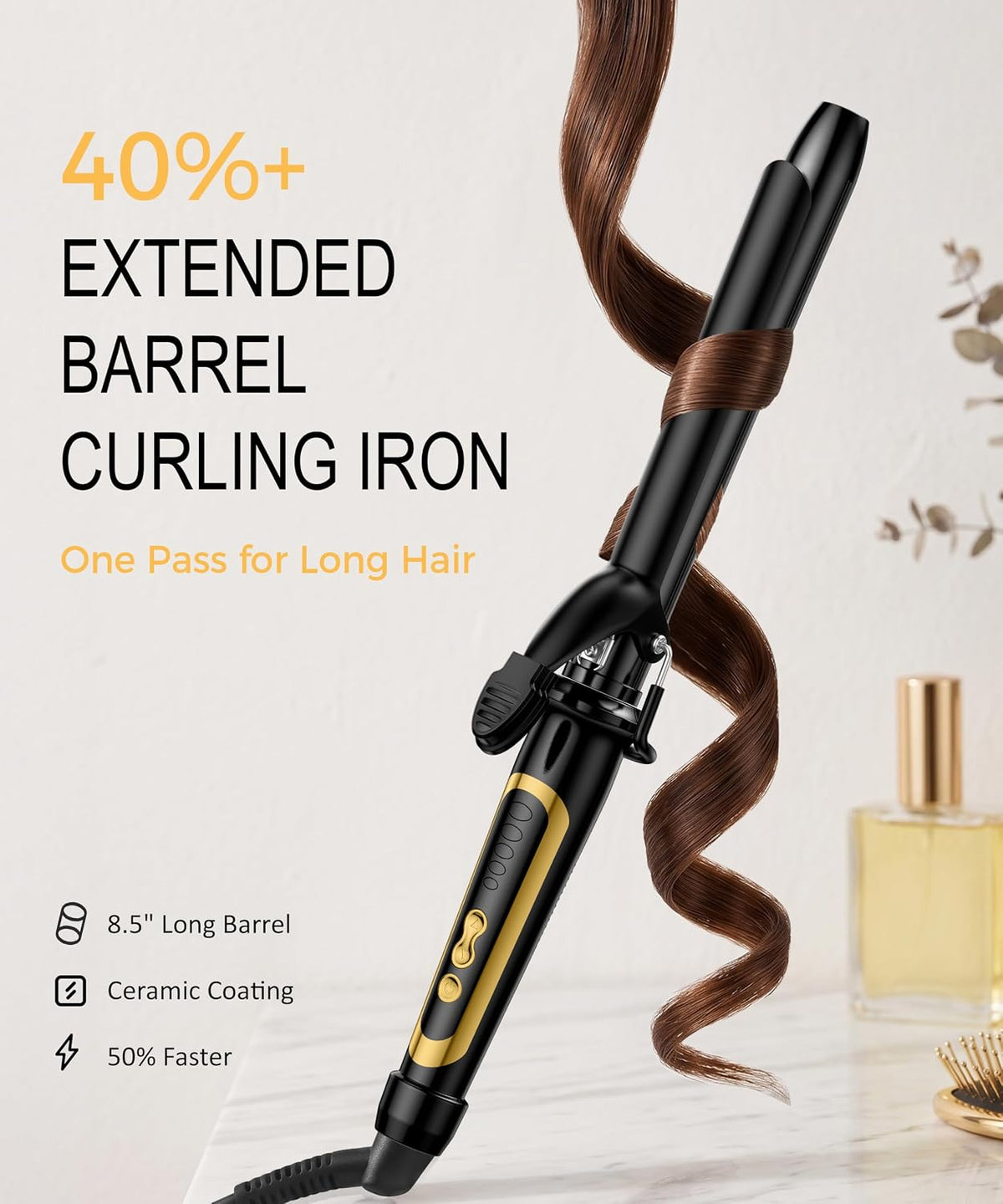Lanvier 1 Inch Extra Long Hair Curling Iron with Ceramic Tourmaline Barrel, Professional Hair Curler up to 450°F with Dual Voltage for Worldwild Use, Hair Waving Style Tool for Girls&Women–Black