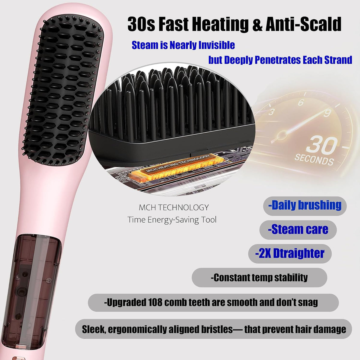 Steam Hair Straightener Brush, 3-in-1 Pro Hair Straightening Brush for Women and Coily Hair, Anti-Frizz and Hair Nourishment with Less Damage, Travel Dual Voltage | Straightener Brush