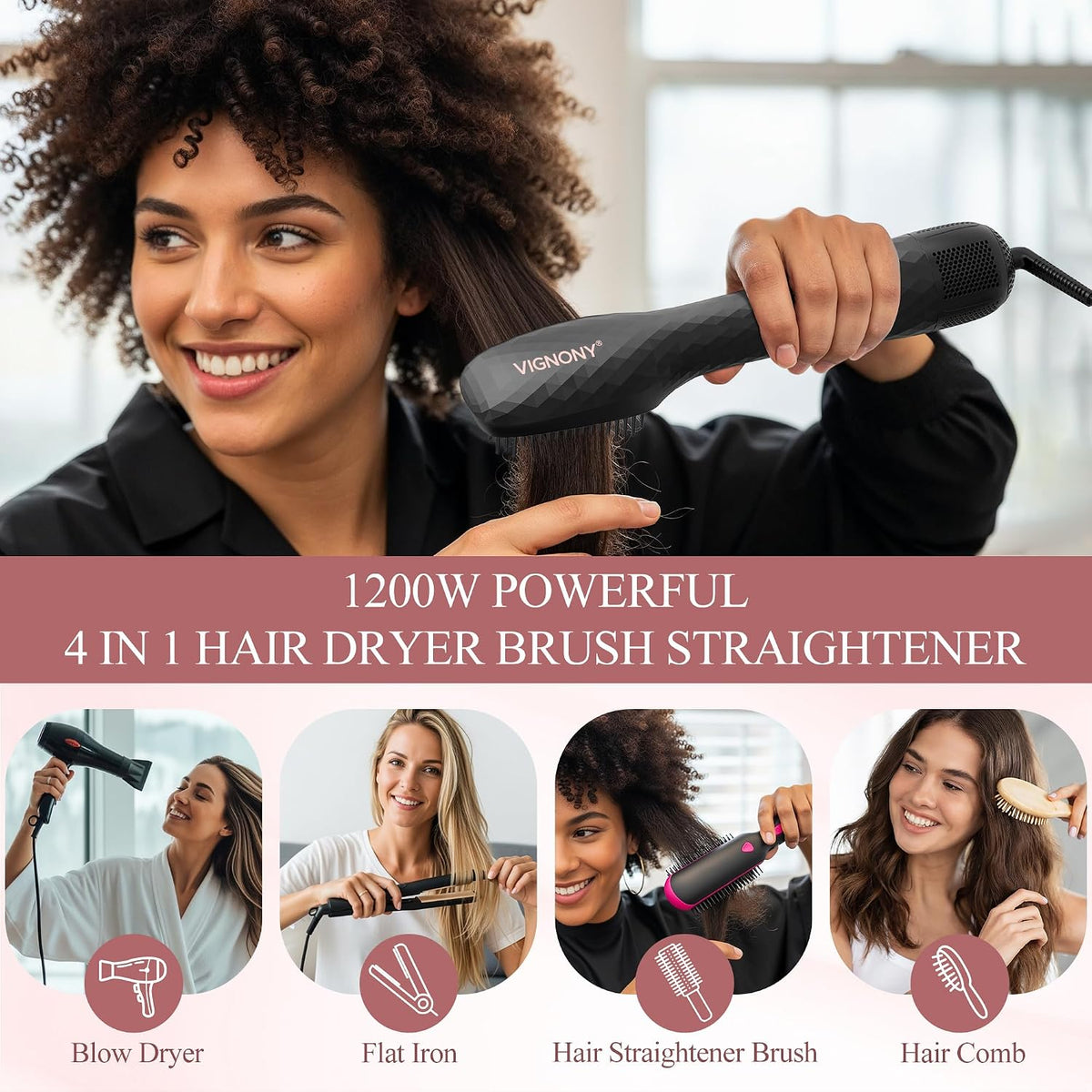 Hair Dryer Brush Blow Dryer Brush Straightener, 4-in-1 Professional 1200W Ionic Hot Air Brush Styler with Ceramic & Tourmaline Technology, One Step Hair Dryer & Styler Volumizer for All Hair Types