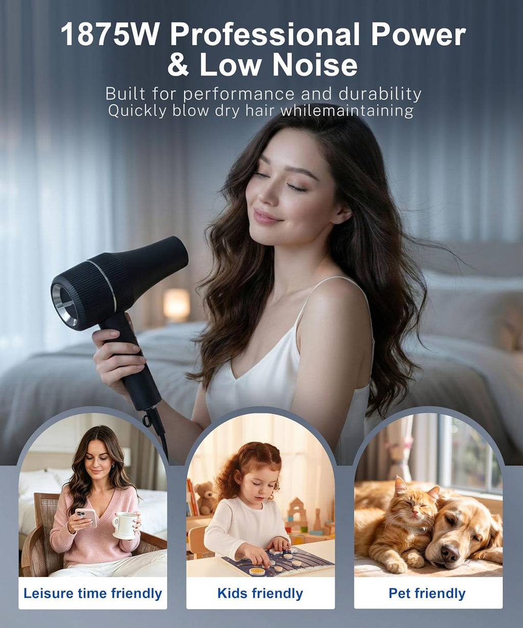 Hair Dryer, Professional High-Speed Ionic Blow Dryer with Diffuser, 1875W