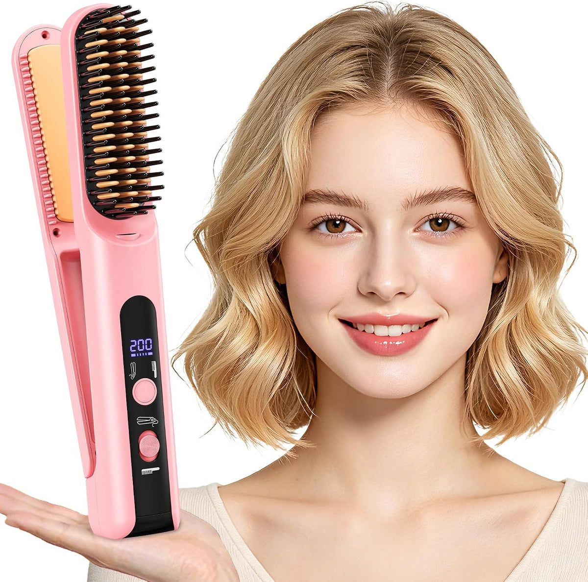 Portable Travel Heated Comb for Women Cordless Hair Straightener Brush, 2-in-1 Straightening & Curling Brush for Short Hair, 4 Temps Fast Heating, Compact Mini Hair Styling Tools for Long Hair