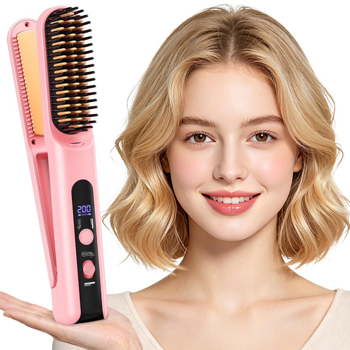 Portable Travel Heated Comb for Women Cordless Hair Straightener Brush, 2-in-1 Straightening & Curling Brush for Short Hair, 4 Temps Fast Heating, Compact Mini Hair Styling Tools for Long Hair