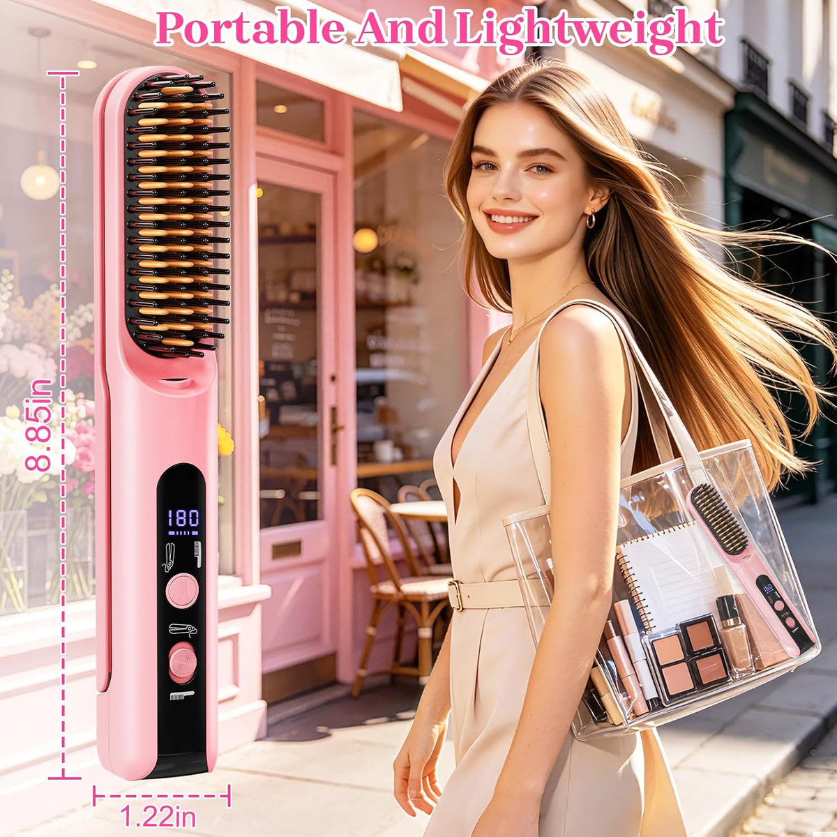 Portable Travel Heated Comb for Women Cordless Hair Straightener Brush, 2-in-1 Straightening & Curling Brush for Short Hair, 4 Temps Fast Heating, Compact Mini Hair Styling Tools for Long Hair