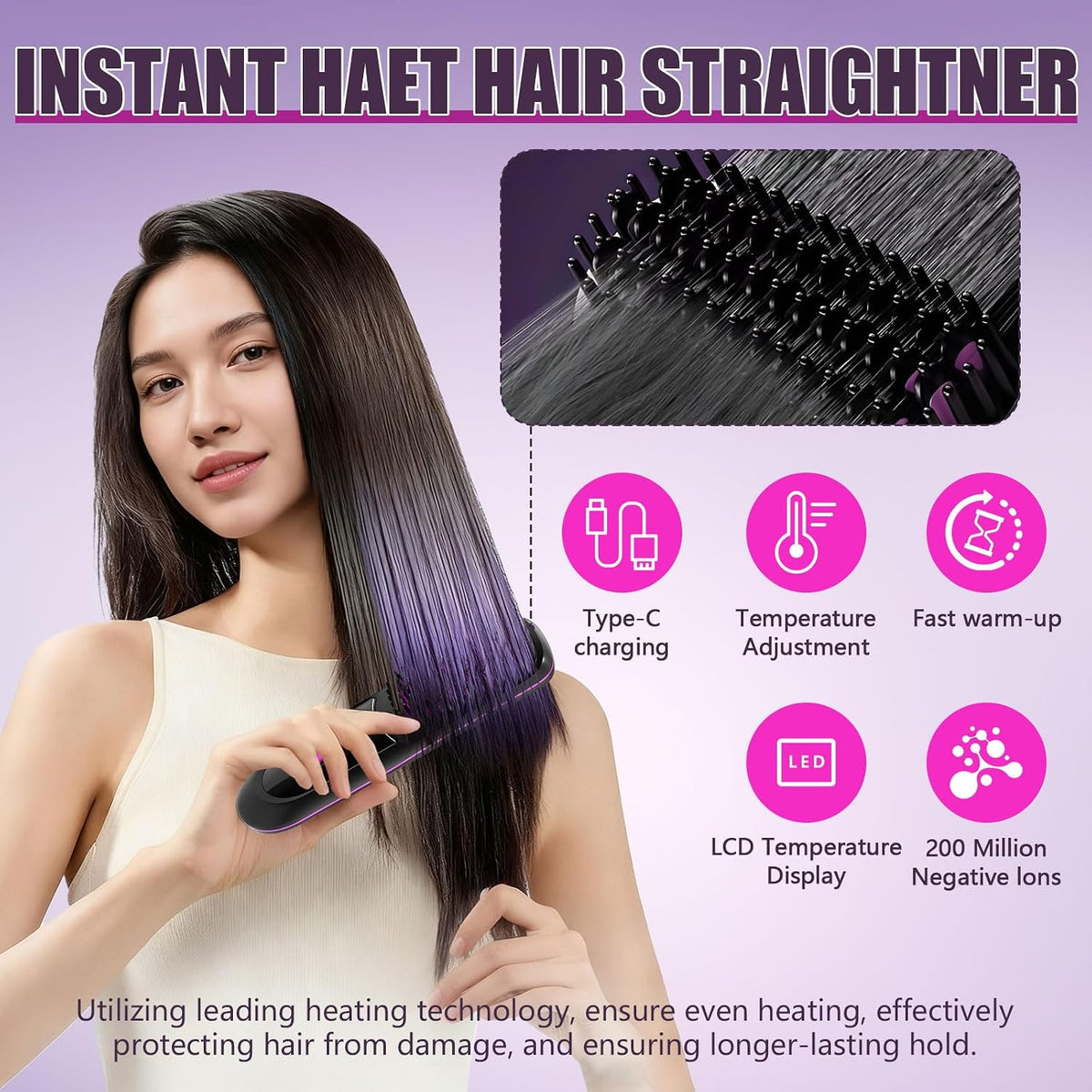 Cordless Straightening Brush, Black, Mini for Travel
