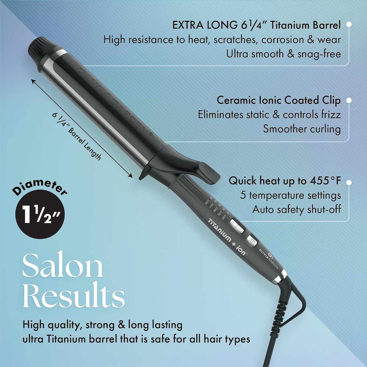 Olivia Garden Titanium + Ion High Performance Professional Curling Iron - Dual Voltage, Snag-Free Styling - Fast Heat Up to 455°F with Heat Resistant Heat Mat/Pouch