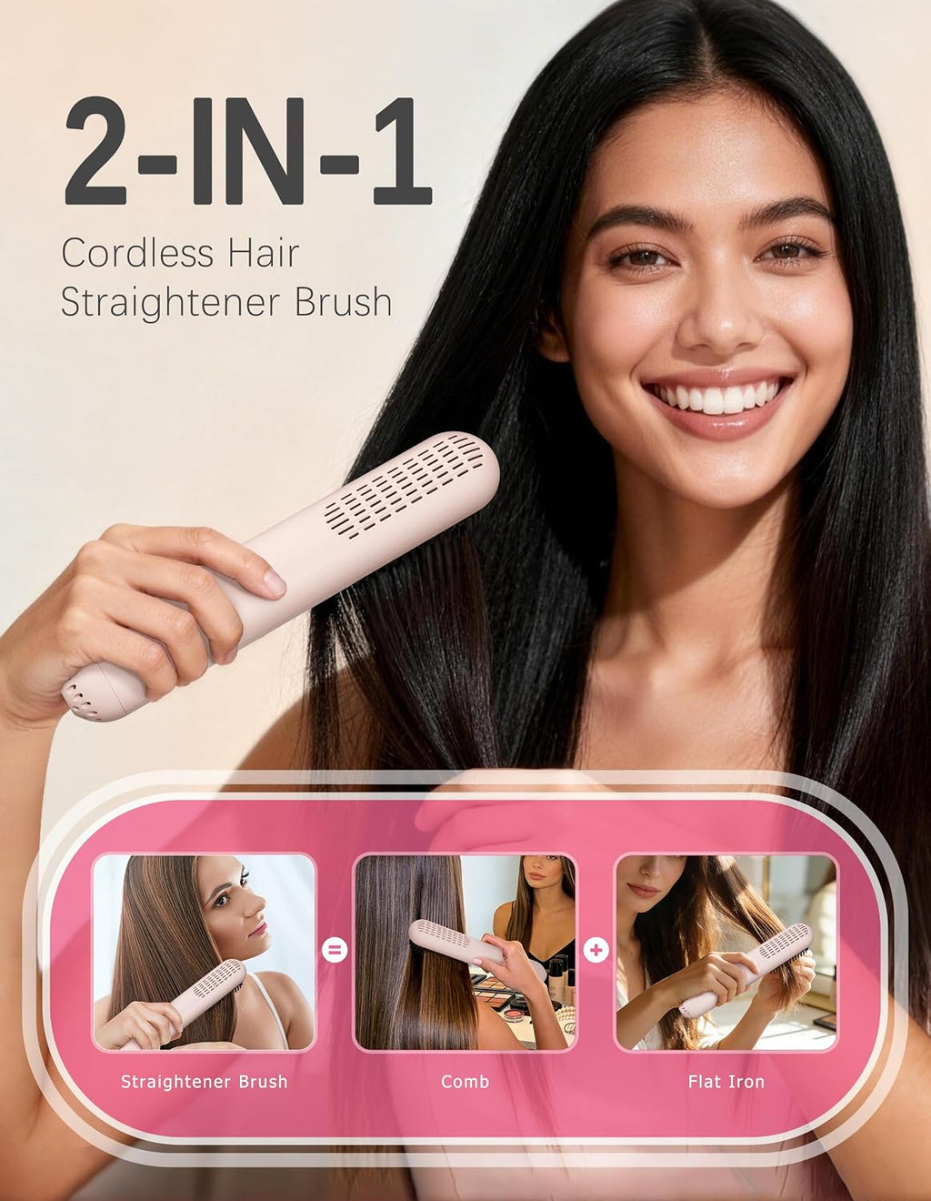 Cordless Hair Straightener Brush,Portable Hair Straightener,Pink