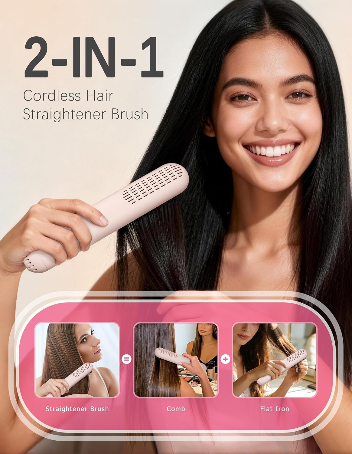 Cordless Hair Straightener Brush,Portable Hair Straightener,Pink