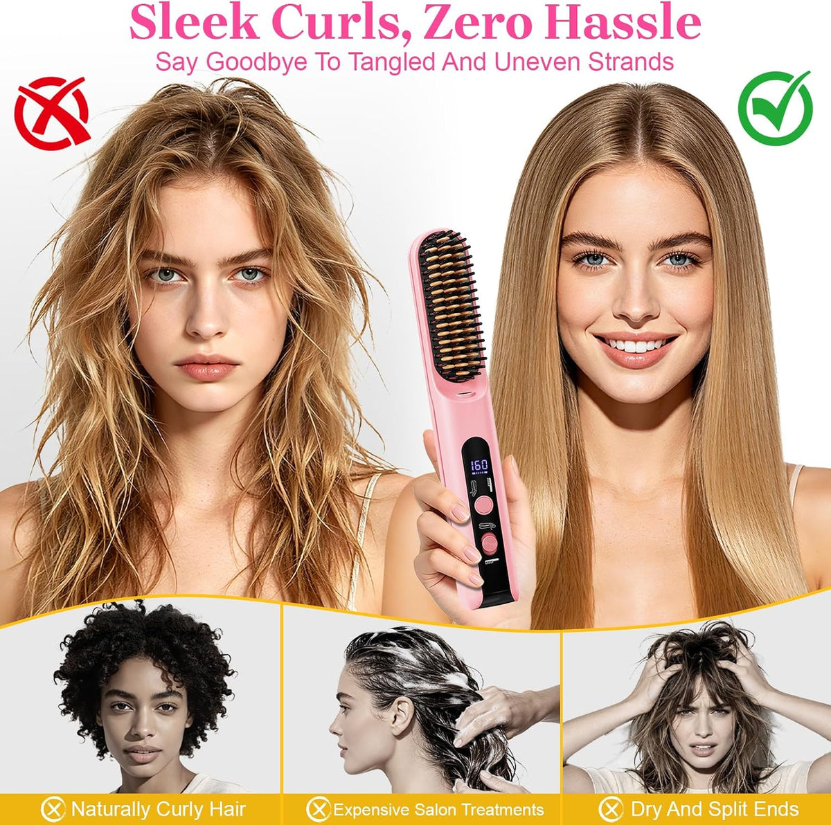Portable Travel Heated Comb for Women Cordless Hair Straightener Brush, 2-in-1 Straightening & Curling Brush for Short Hair, 4 Temps Fast Heating, Compact Mini Hair Styling Tools for Long Hair