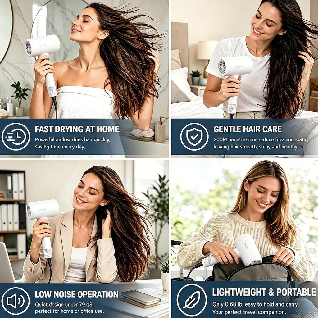 Ionic Hair Dryer 110, 000 RPM High Speed Motor Ultra-Fast Drying, 200 Million Negative Ions for Frizz Reduction, Overheat Protection, Low Noise Magnetic Concentrator, No Heat Damage Lightweight