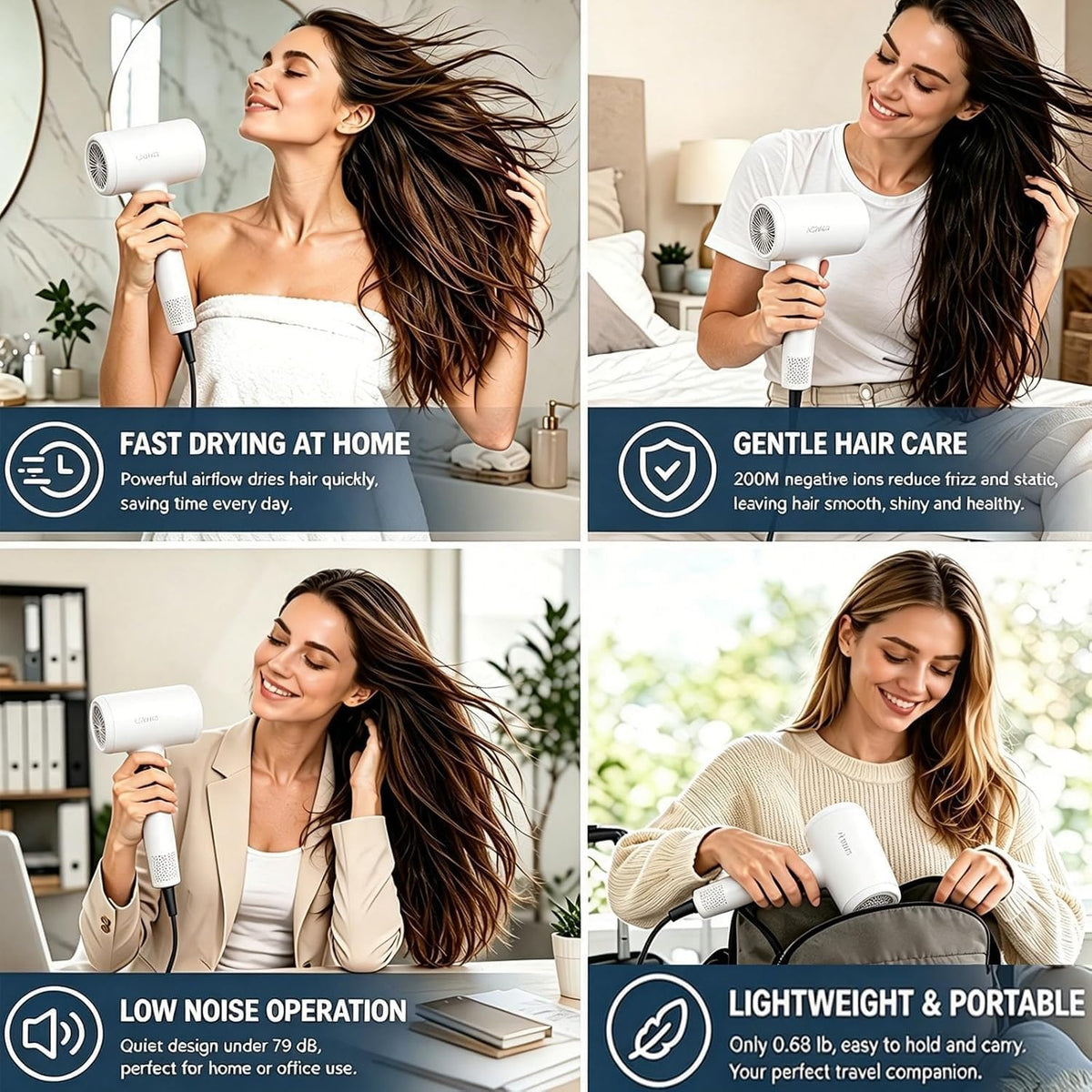 Ionic Hair Dryer 110, 000 RPM High Speed Motor Ultra-Fast Drying, 200 Million Negative Ions for Frizz Reduction, Overheat Protection, Low Noise Magnetic Concentrator, No Heat Damage Lightweight