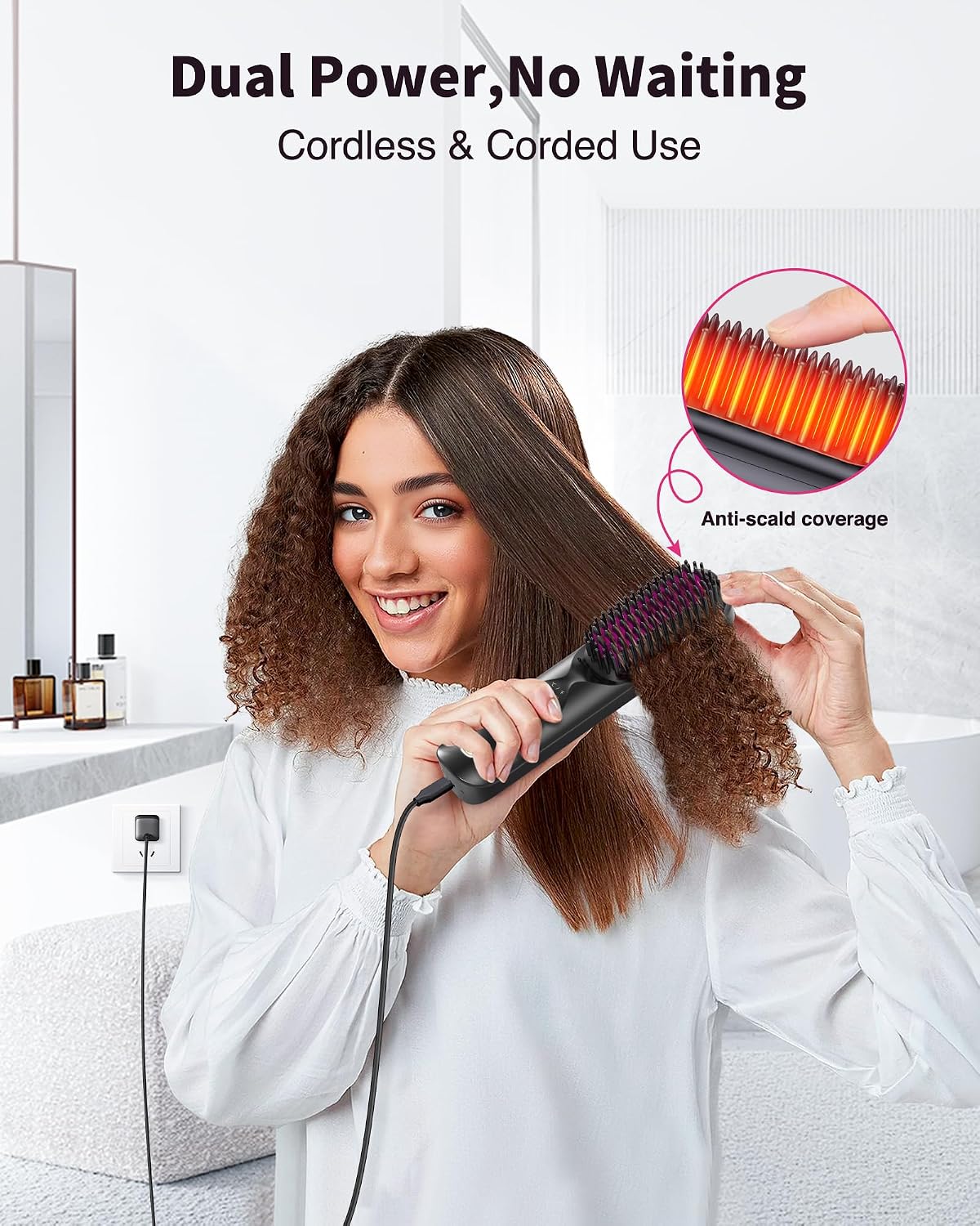 Bopcal Cordless Hair Straightener Brush for Travel, Upgraded Mini Portable Hair Straightening Brush for Women & Men, 300M Anti-Frizz Negative lons Straightening Comb, lonic Care & Fast Heating