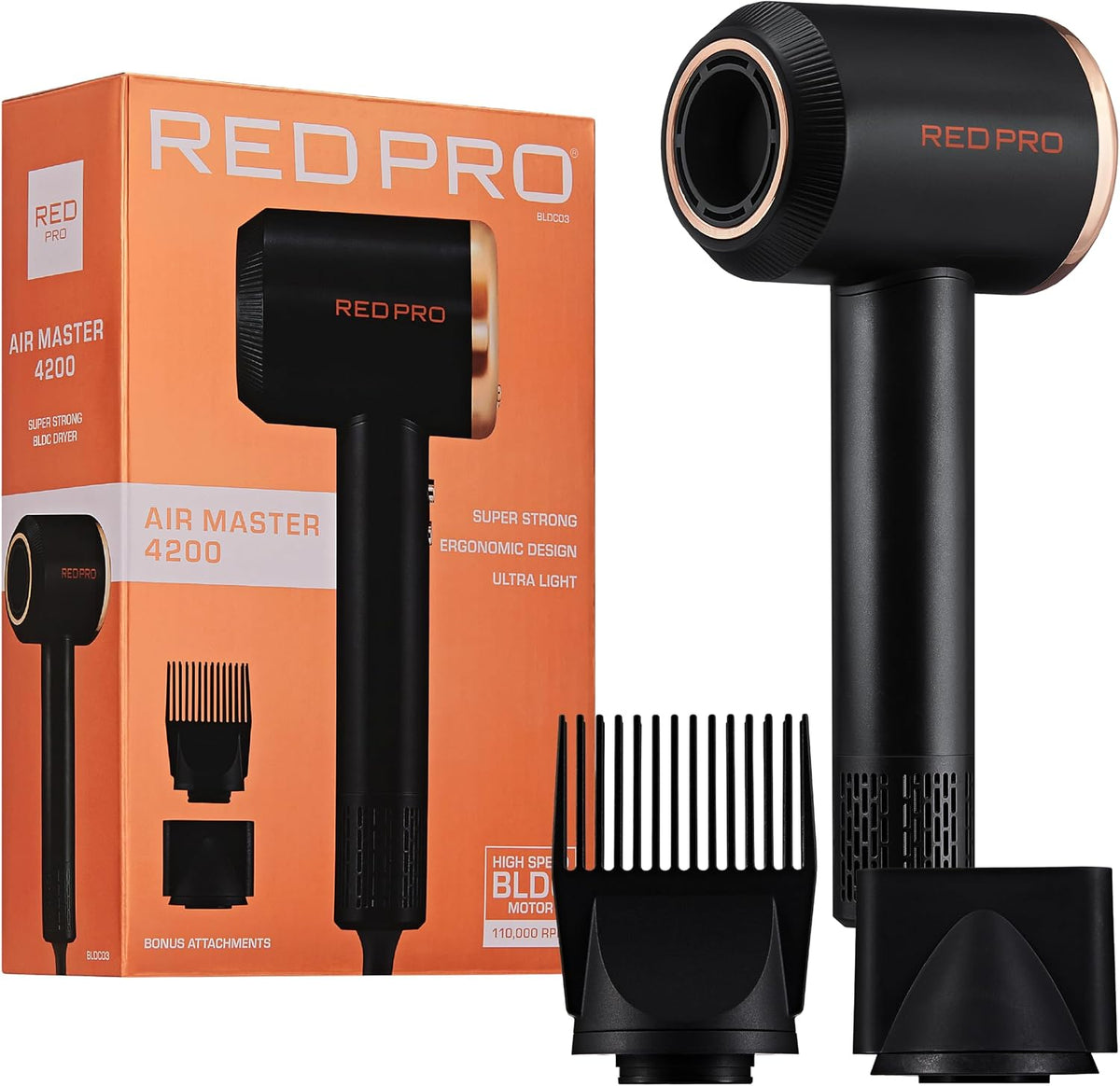 RED Pro Ultra-Lightweight Air Master 4200 Hair Dryer, High-Speed 110,000 RPM BLDC Motor, 3 Heat & 3 Speed Settings, Magnetic Nozzle & Styling Pik Attachments, Lightweight Blow Dryer (Black)