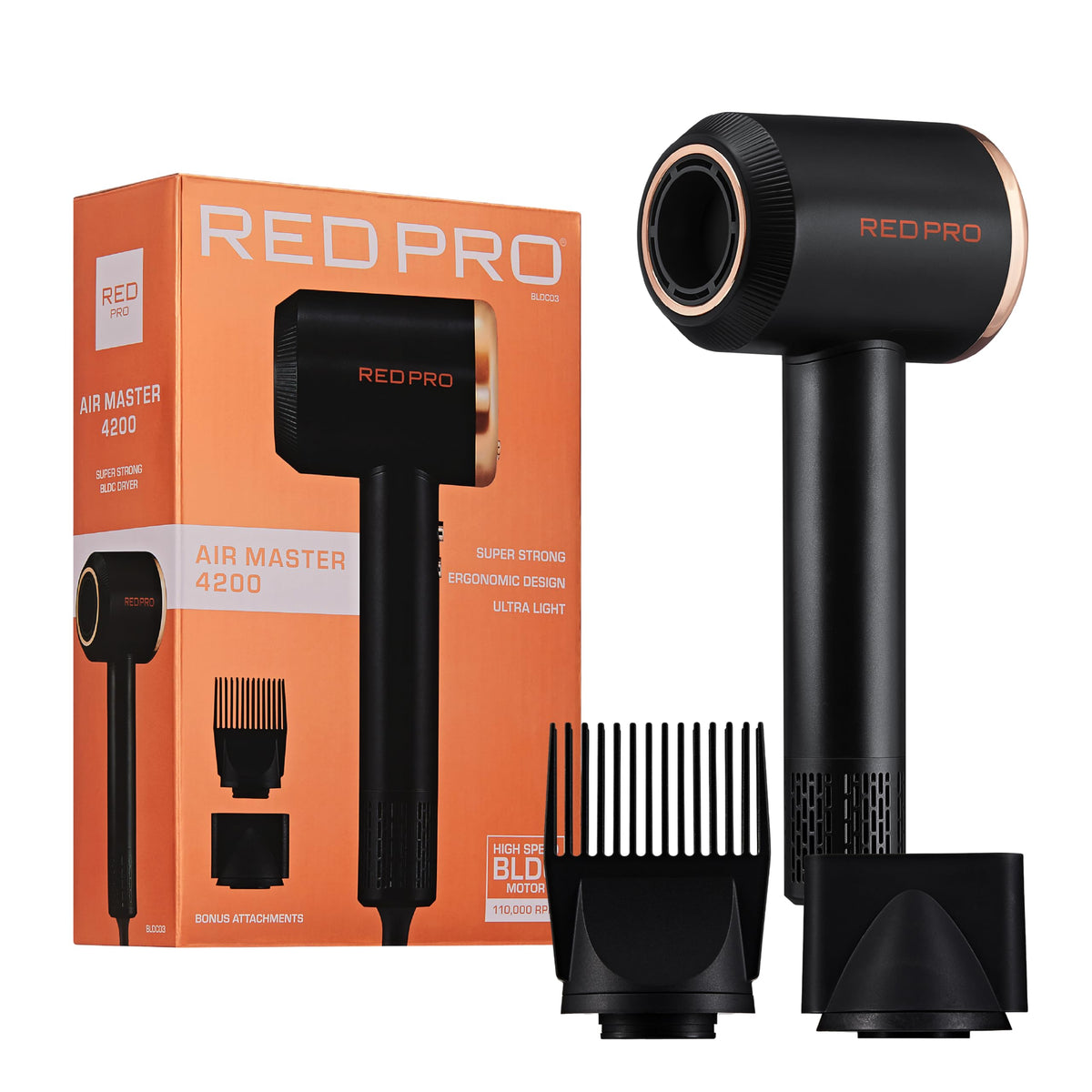 RED Pro Ultra-Lightweight Air Master 4200 Hair Dryer, High-Speed 110,000 RPM BLDC Motor, 3 Heat & 3 Speed Settings, Magnetic Nozzle & Styling Pik Attachments, Lightweight Blow Dryer (Black)